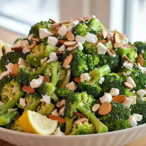 Frischer Brokkoli-Salat mit Feta, Mandeln und Olivenöl, serviert in einer großen Schüssel, dekoriert mit Zitronenscheiben.