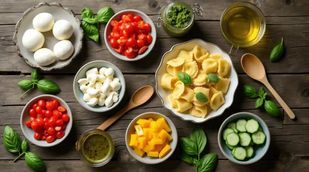 Zutatenübersicht für einen einfachen Tortellini Salat