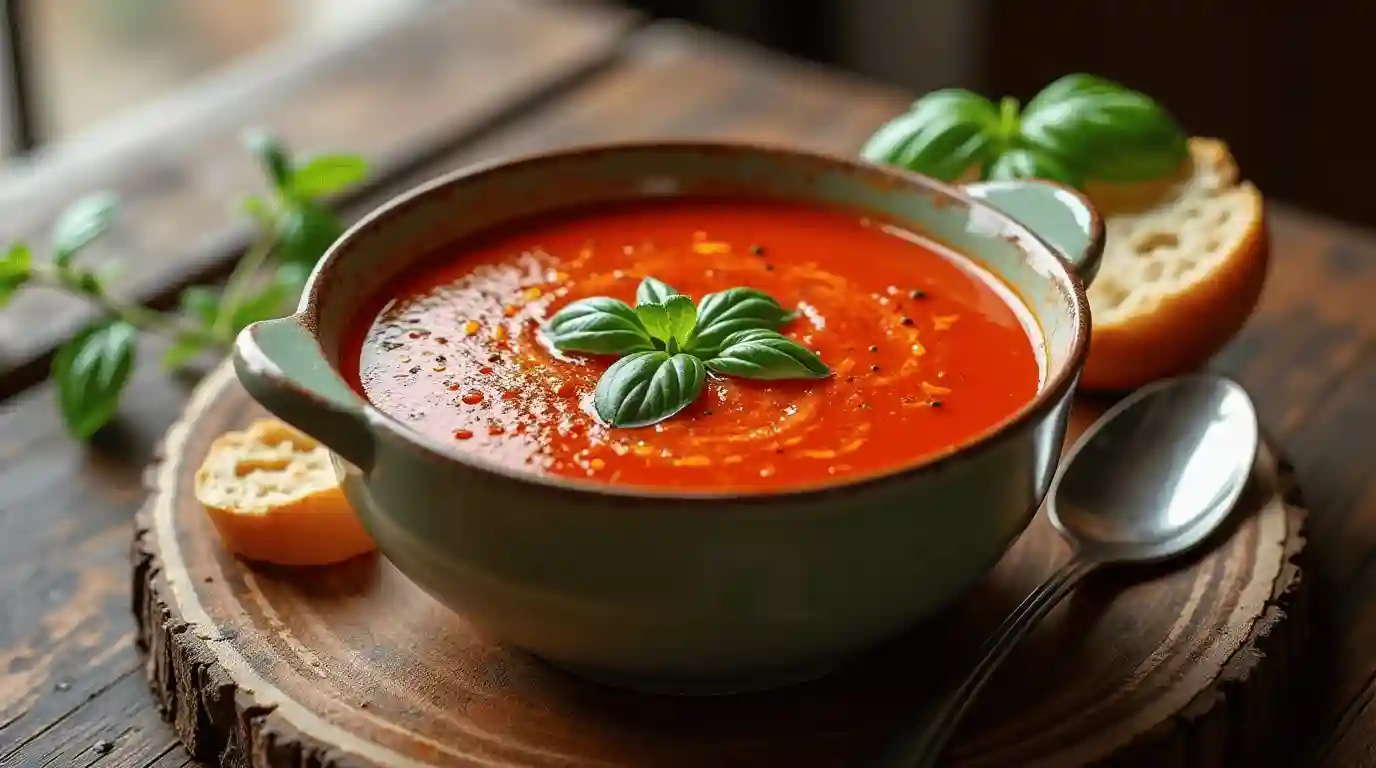 a bowl of soup with basil leaves on top