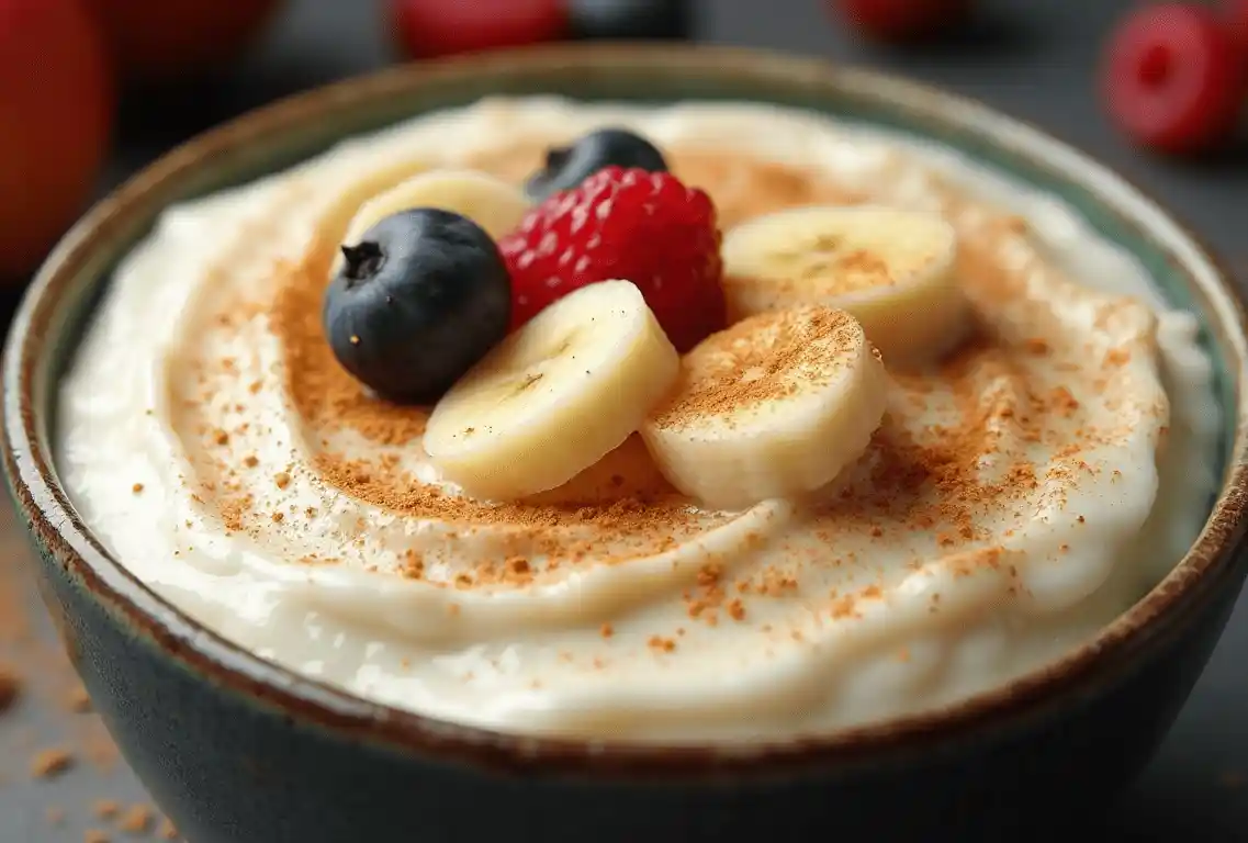 Grießbrei with fruit and cinnamon.