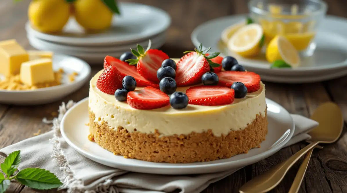 Kuchen ohne Backen: No-bake cheesecake with butterkekse crust, cream cheese filling, fresh berries, and lemon garnish.