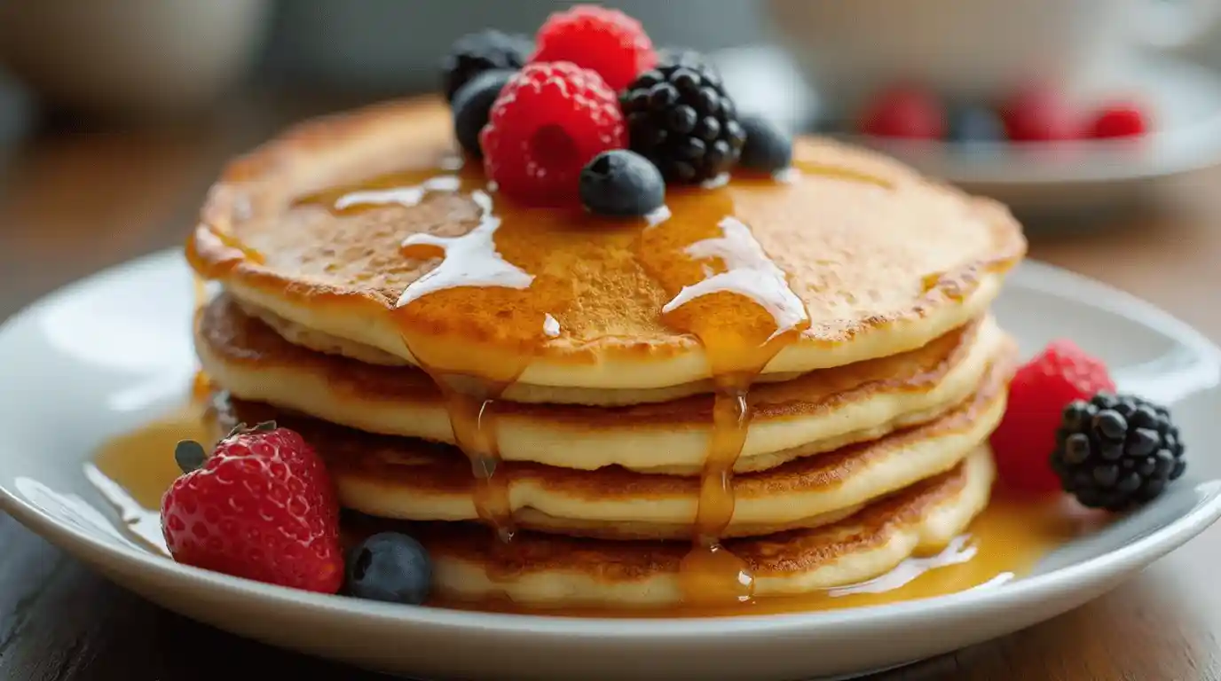 Fluffy Pfannkuchen ohne Ei mit frischen Beeren und Ahornsirup auf einem Teller gestapelt.