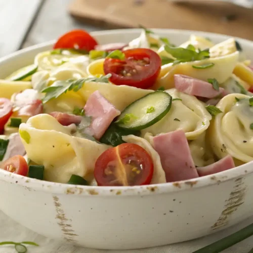 Tortellinisalat mit geschnittenen Kirschtomaten, Mozzarellakugeln und Basilikumblättern in einer rustikalen Schüssel.