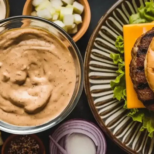 Hausgemachtes Big Mac Sauce Rezept in einer Glasschüssel mit frischen Zutaten drumherum.