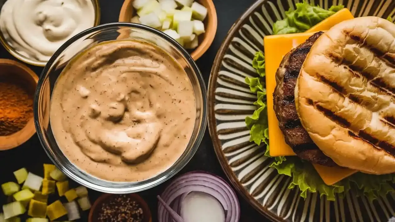 Hausgemachtes Big Mac Sauce Rezept in einer Glasschüssel mit frischen Zutaten drumherum.