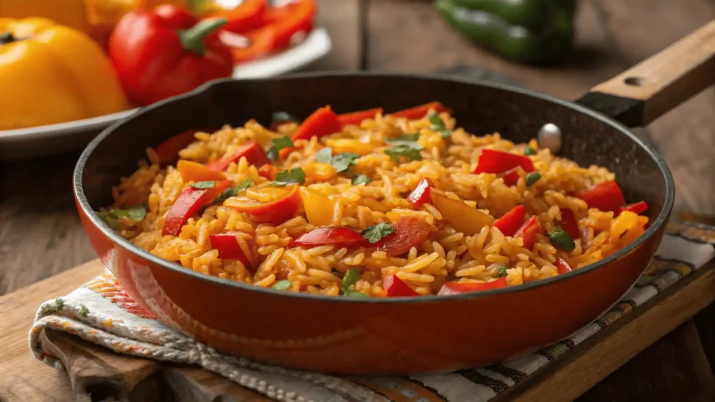 Frisch gekochte Paprika Reis Pfanne mit buntem Gemüse in einer schwarzen Pfanne.