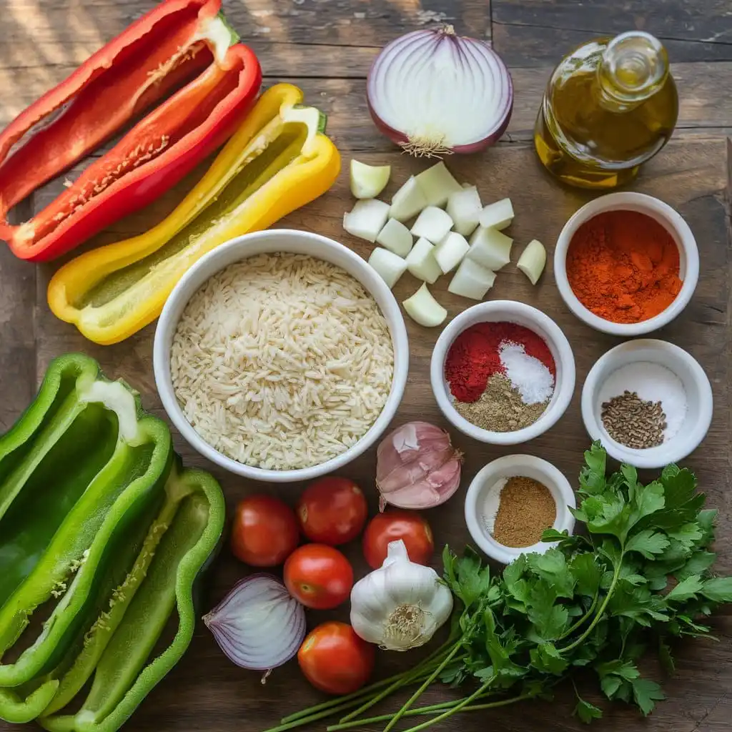 Paprika Reis Pfanne1 Frische Zutaten für eine Paprika Reis Pfanne auf einem Holztisch arrangiert.
