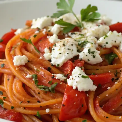 Cremige Pasta mit Paprika und Feta auf einem rustikalen Teller serviert.