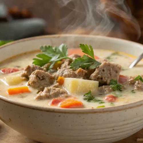 Zutaten für cremige Hackfleisch-Suppe auf einem Holztisch arrangiert.