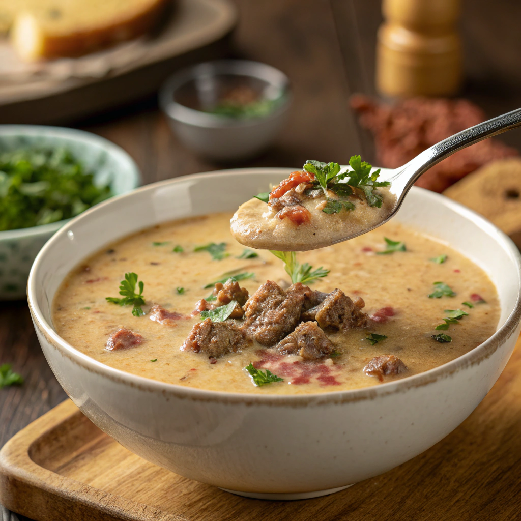 Cremige Hackfleisch-Suppe1 cremige Hackfleisch-Suppe auf einem Holztisch