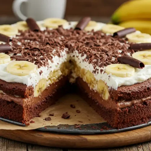 Maulwurfkuchen vom Blech mit Sahne, Banane und Schokoraspeln.