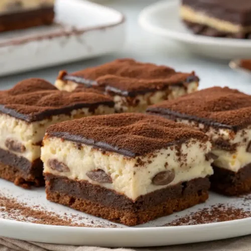 Schokoladige Tiramisu-Brownies mit Mascarponecreme und Kakaopulver.