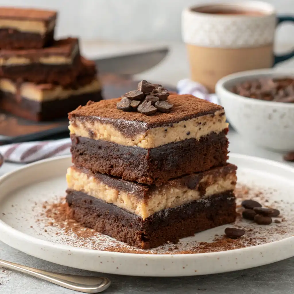 Schokoladige Tiramisu-Brownies1 Zutaten für Schokoladige Tiramisu-Brownies auf einem Küchentisch.