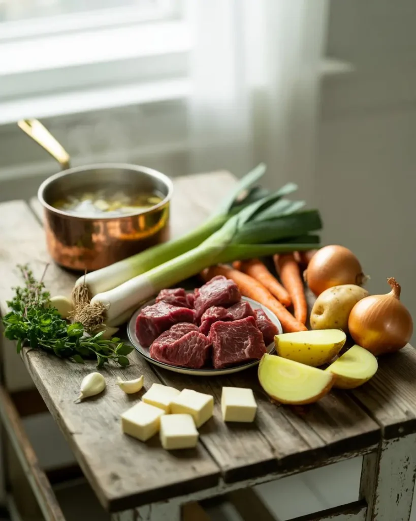 Zutaten Fertige cremige Hackfleisch-Suppe in einer rustikalen Schüssel serviert.