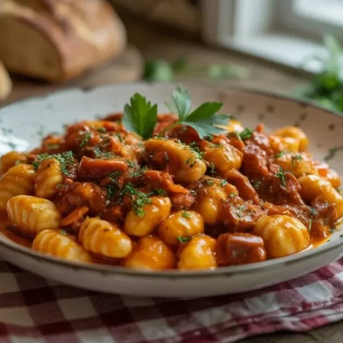 Cremiges Gnocchi-Gulasch mit Paprika und frischen Kräutern