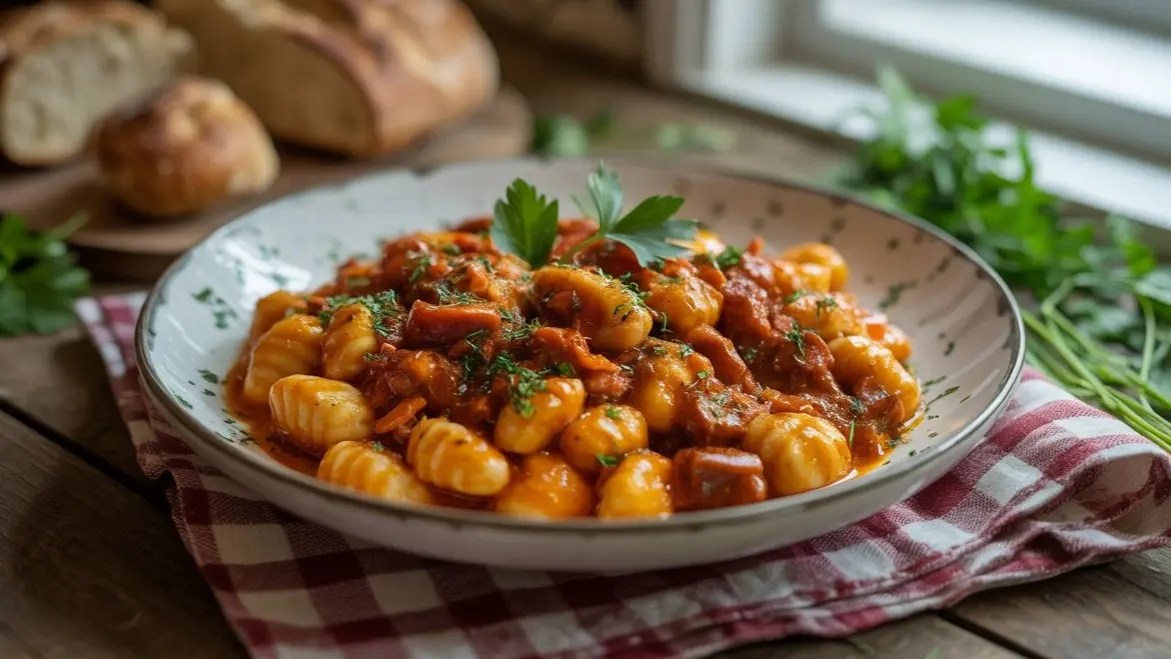 Cremiges Gnocchi-Gulasch mit Paprika und frischen Kräutern