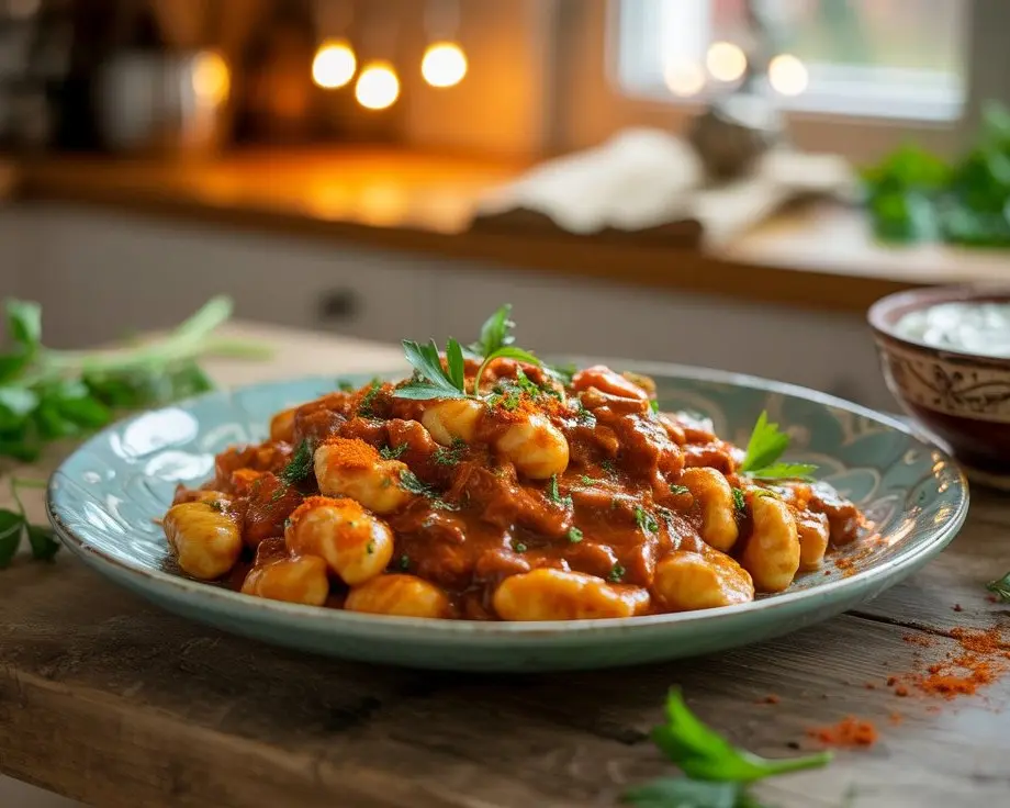 Gnocchi-Gulasch1 Zutaten für ein Gnocchi-Gulasch Rezept auf einem Holztisch