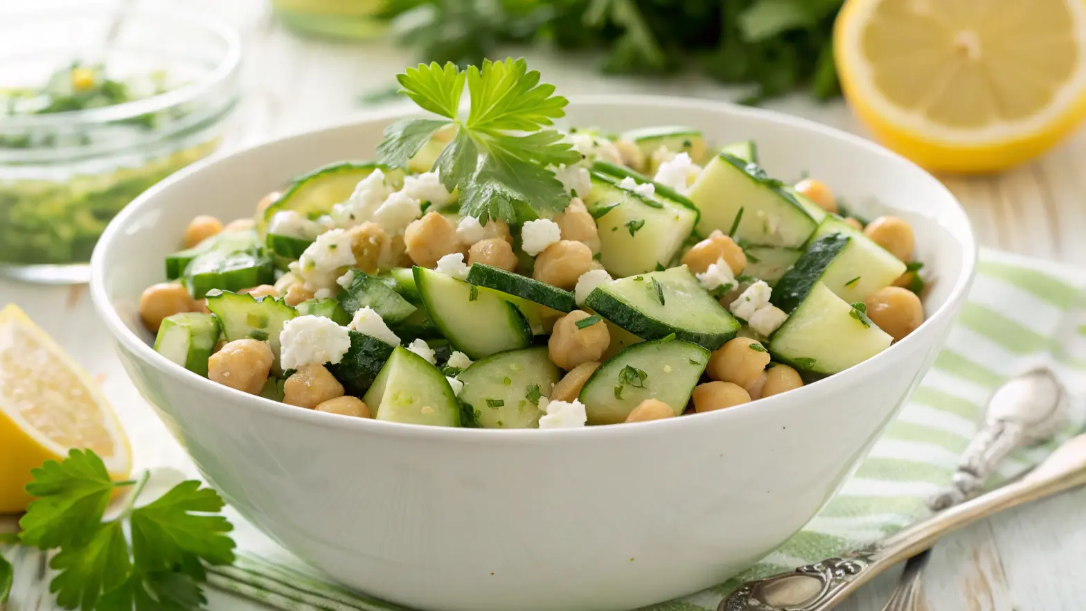 Gurkensalat mit Feta und Kichererbsen in einer weißen Schüssel