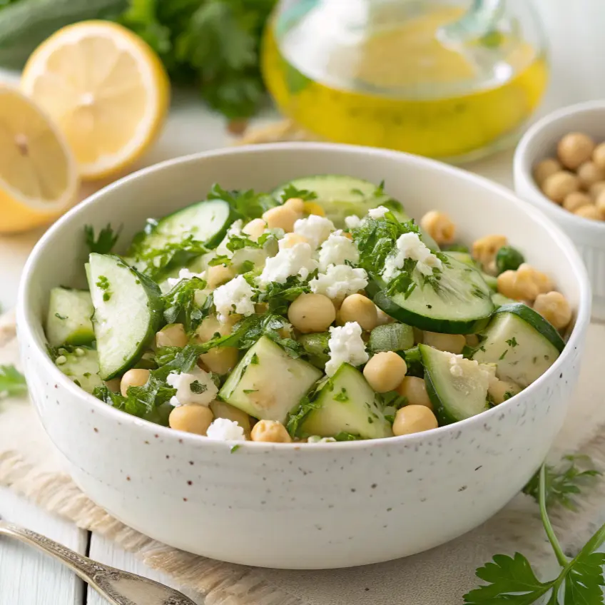 Gurkensalat mit Kichererbsen und Feta1 Gurkensalat mit Feta und Kichererbsen in einer weißen Schüssel serviert