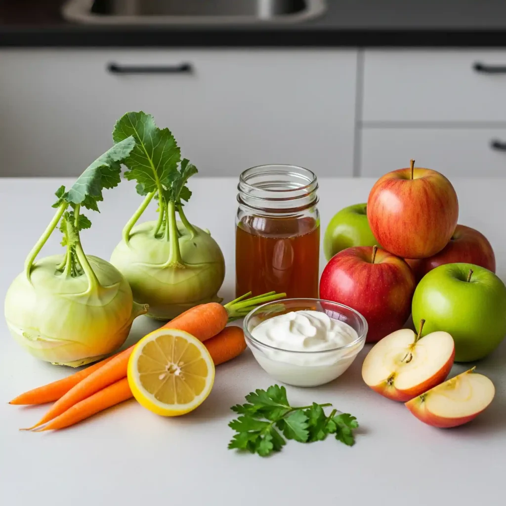 Kohlrabi-Karotten-Apfel-Salat1 Zutaten für Kohlrabi-Karotten-Apfel-Salat auf einer Holzoberfläche