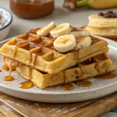 Zuckerfreie Bananenwaffeln backen mit frischen Beeren auf einem Teller serviert.
