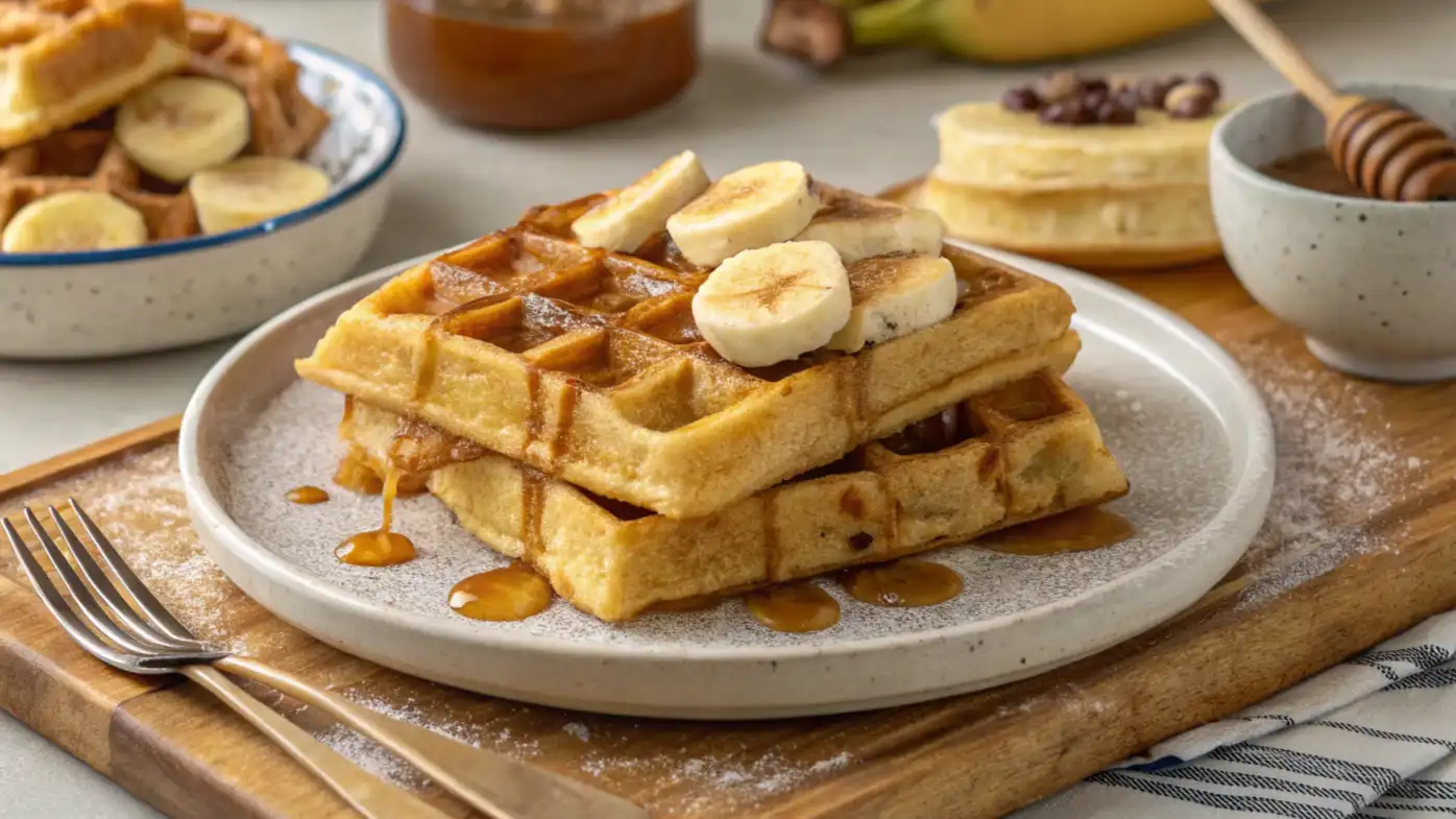 Zuckerfreie Bananenwaffeln backen mit frischen Beeren auf einem Teller serviert.