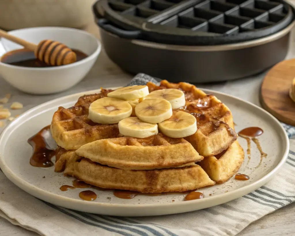  Zuckerfreie Bananenwaffeln frisch gebacken und serviert mit Beeren.