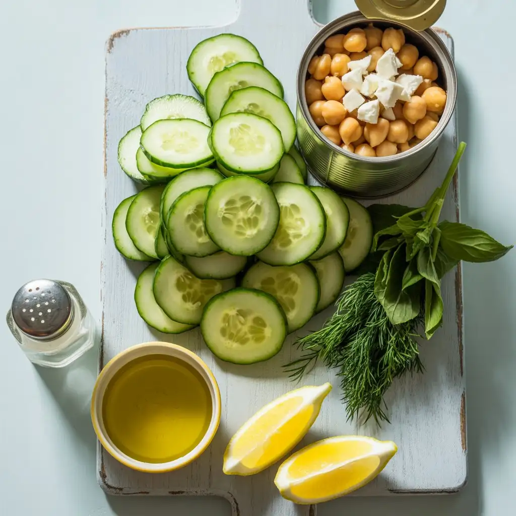 Zutaten für deinen Gurkensalat Zutaten für Gurkensalat mit Feta und Kichererbsen auf einem Schneidebrett