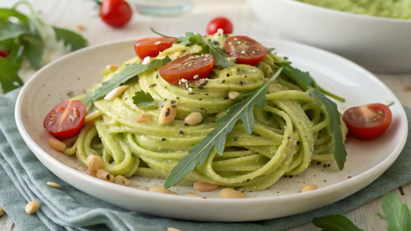 Cremige Avocado Pasta Rezept mit Rucola und Kirschtomaten