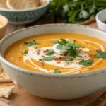 Cremige Süßkartoffelsuppe mit Kokosmilch in einer Schüssel, garniert mit Kräutern
