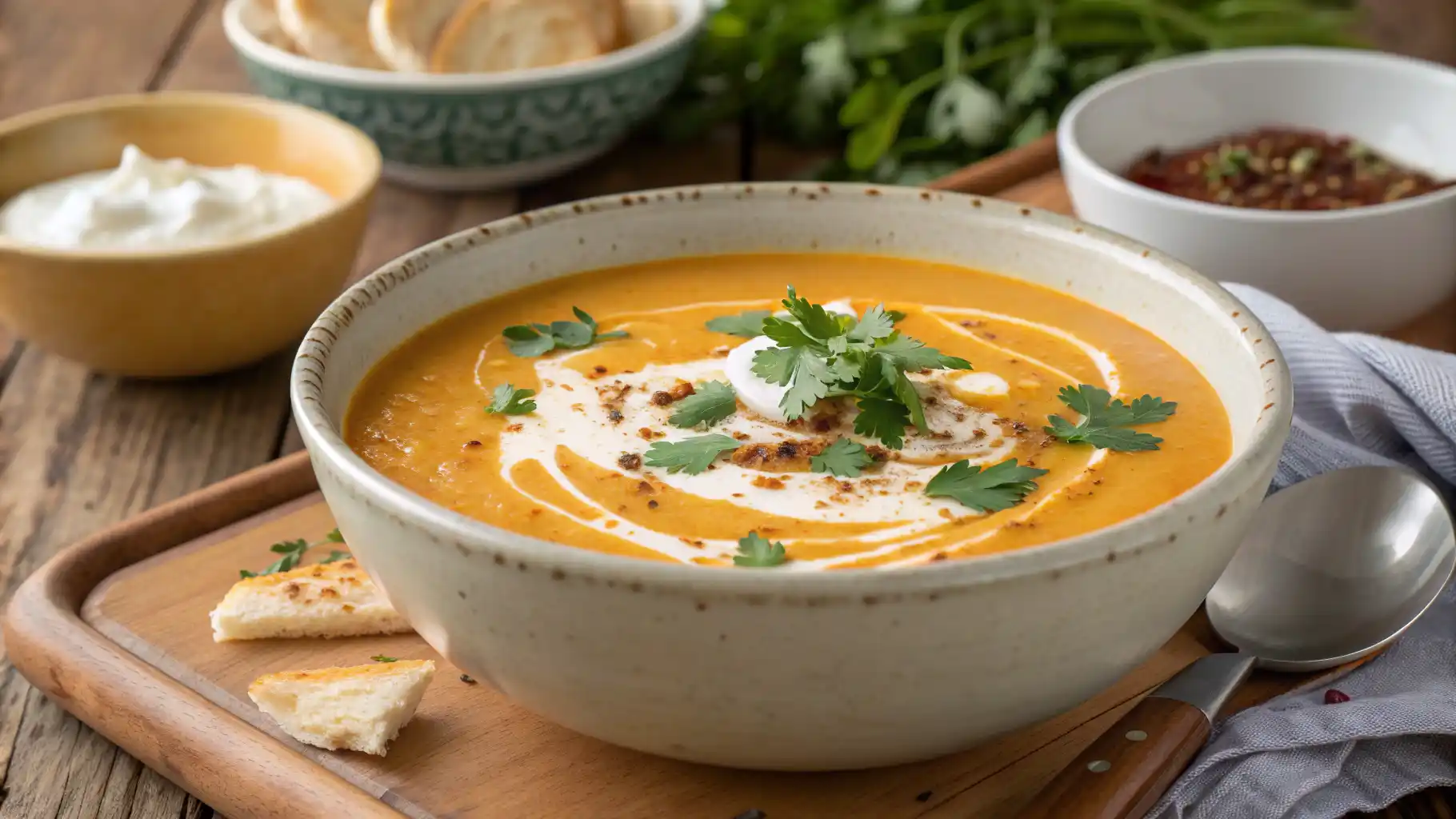 Cremige Süßkartoffelsuppe mit Kokosmilch in einer Schüssel, garniert mit Kräutern