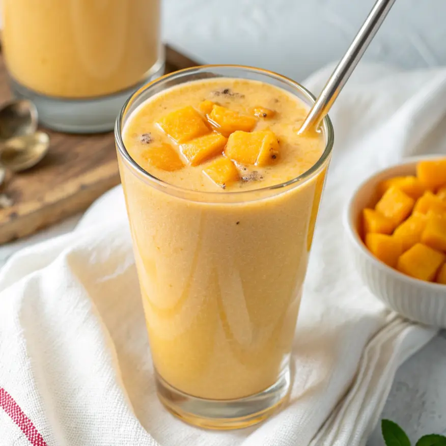 Mango Lassi Rezept1 Zutaten für Mango Lassi Rezept auf Küchentisch
