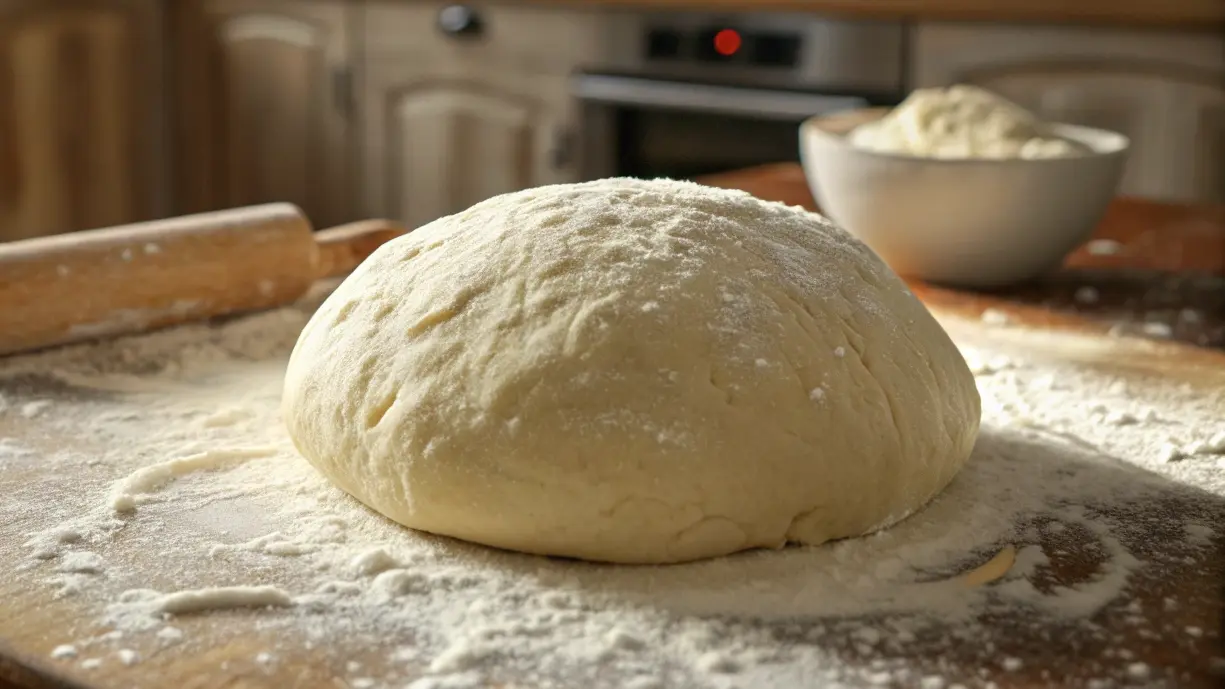 Frisch gekneteter Pizzateig auf einer Holzfläche – pizzateig rezept