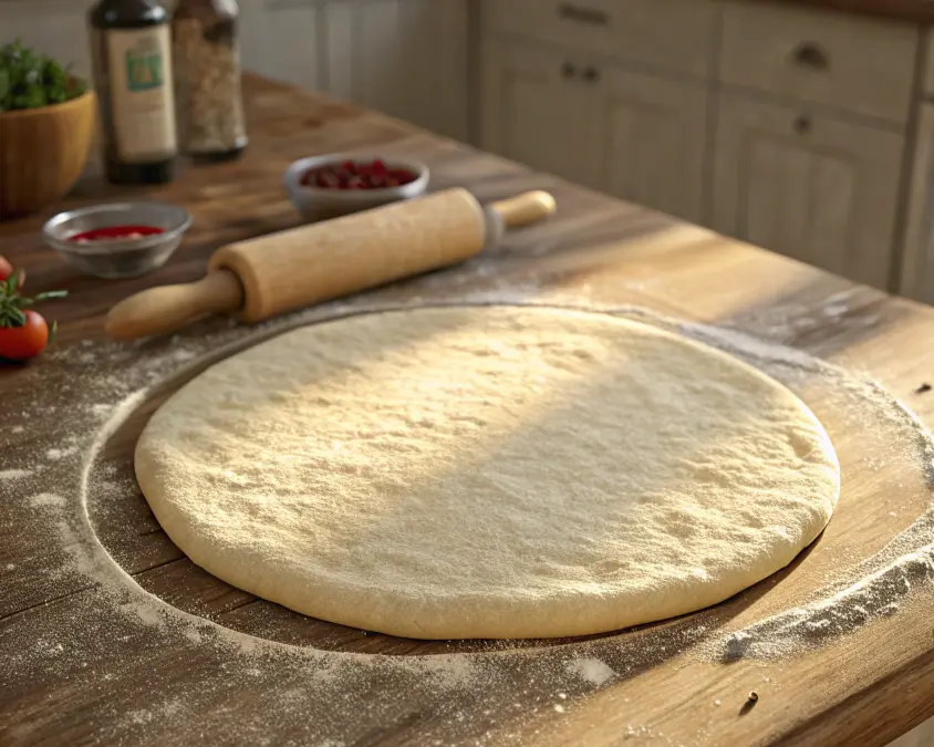 pizzateig rezept1 Flacher Pizzateig auf bemehlter Oberfläche – pizzateig rezept
