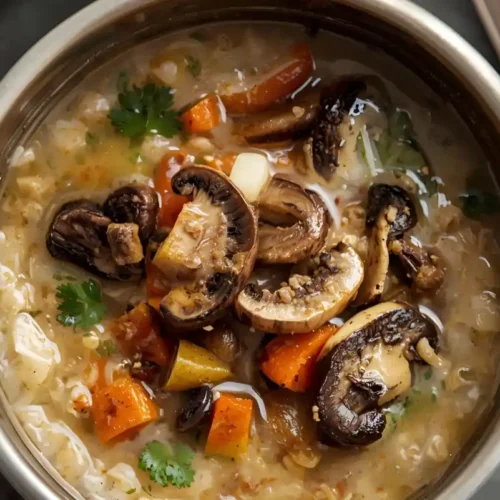 Gerstensuppe mit Pilzen in einer Schüssel – cremig und herzhaft.