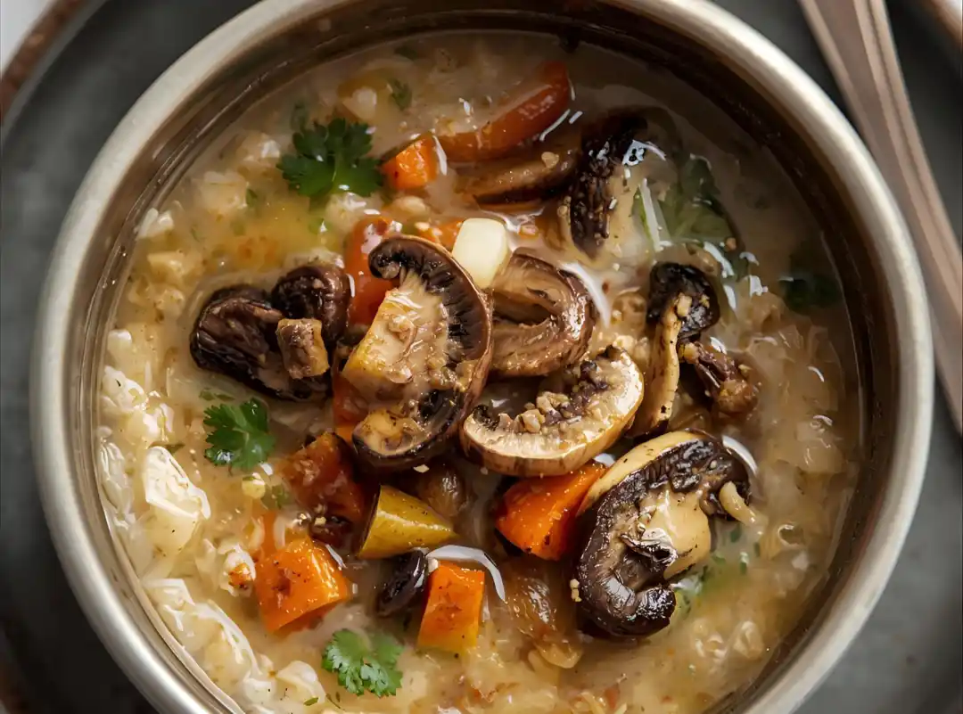 Gerstensuppe mit Pilzen in einer Schüssel – cremig und herzhaft.