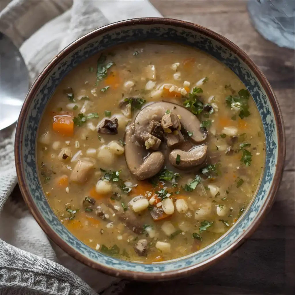 Rustikale Gerstensuppe mit Pilzen und Gemüse, warm serviert.